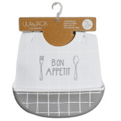 Wholesale - 2PC Silicone Bibs - White "Bon Appetit" &Gray Grid Print C/P 60, UPC: 195010038782